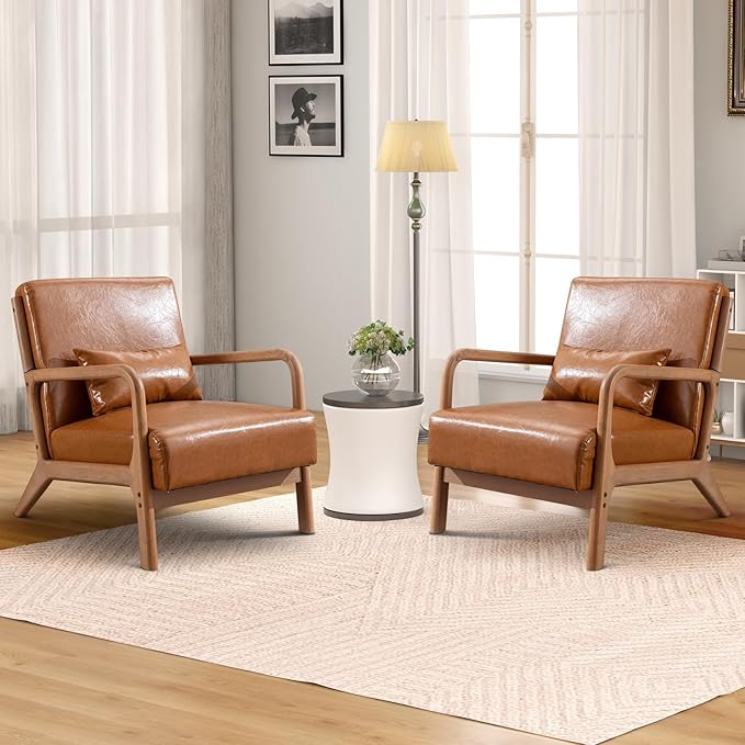 Accent Chair Mid Century Modern Chair PU Leather Living Room Chairs with Solid Wood Frame Comfy Upholstered and Lumbar Pillow Reading Side Chair Easy Assembly for Living Room Set of 2, PU Brown
