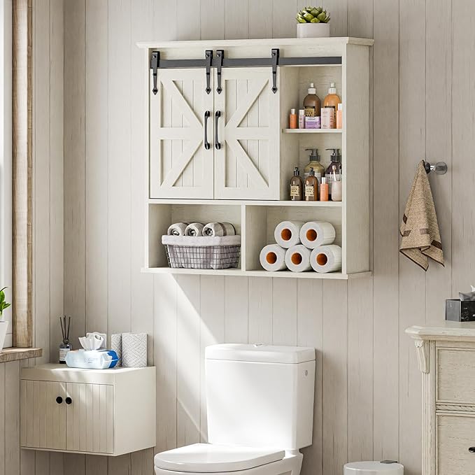 Vabches Bathroom Wall Cabinet, Farmhouse Medicine Cabinet with Double Sliding Barn Door and Adjustable Shelves, Wooden Vintage Storage Cabinet Wall Mounted for Bathroom, Kitchen Dining, White