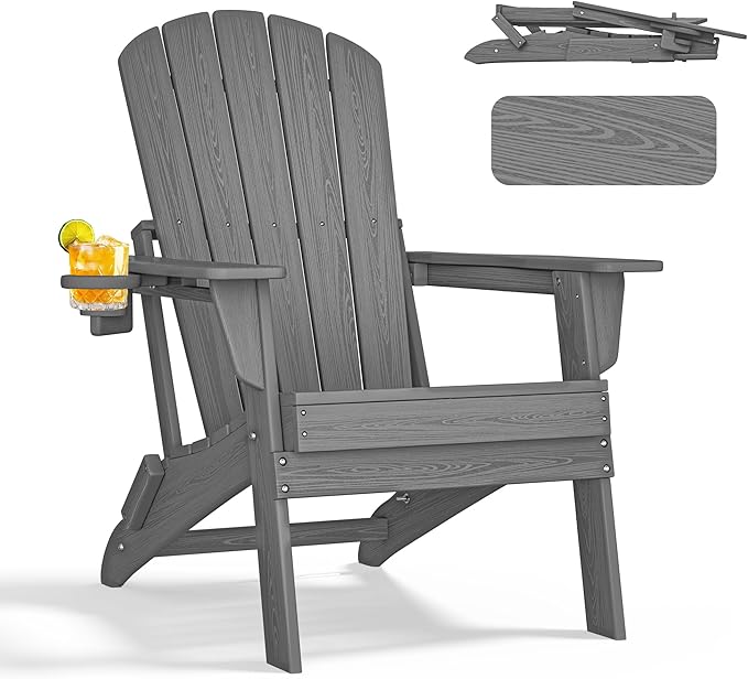 nevilywood Folding Adirondack Chair - Extended Ergonomic Backrest, Cup Holder - Easy Assembly - Durable HDPE Plastic, Weather Resistant & Maintenance-Free - Lawn, Patio, Deck Supports 380lbs,Grey