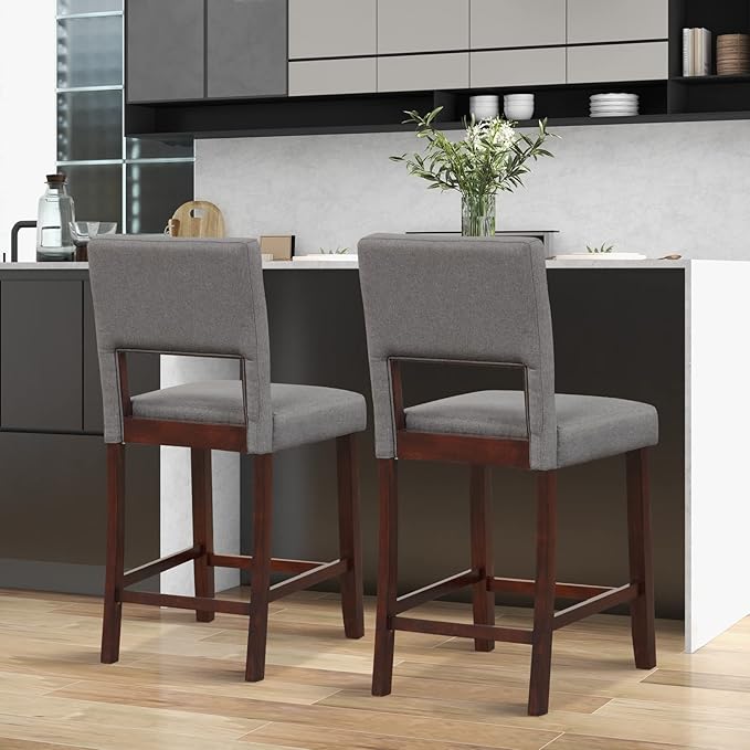 COSTWAY Bar Stools Set of 4, Linen 24.5 Inch Counter Height Chairs with Hollowed Backs, Rubber Wood Legs, Upholstered Barstools for Kitchen Island Home Bar Pub Dining Room, Beige