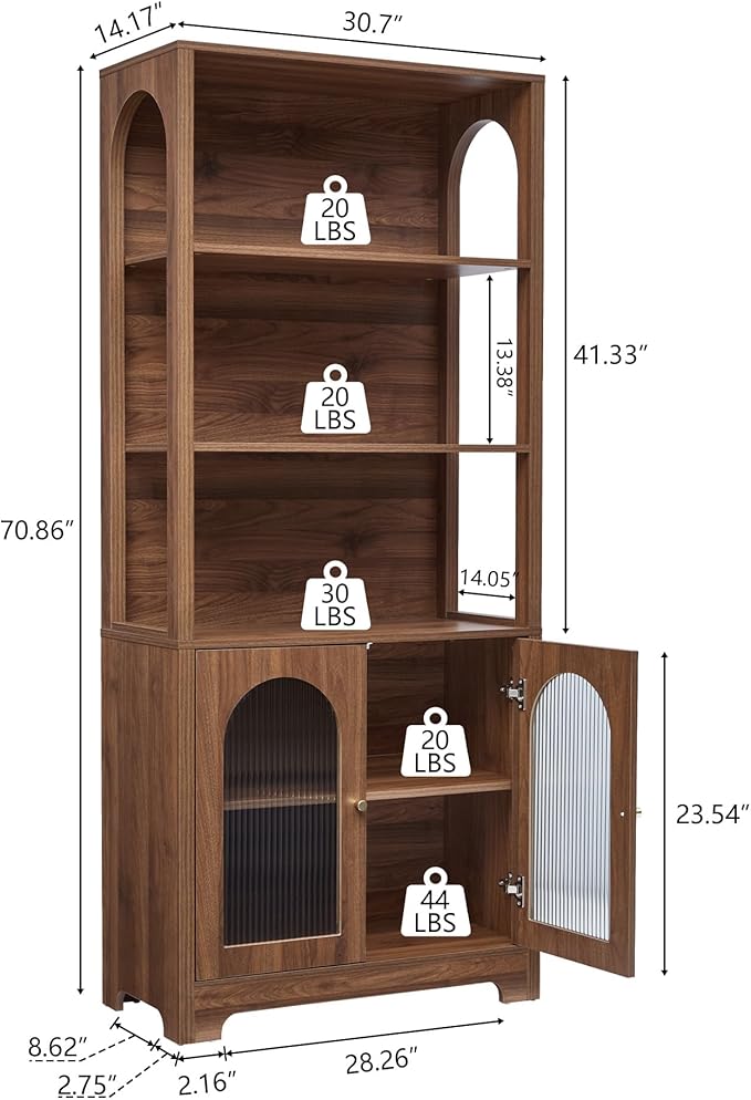 RARZOE Set of 2 Bookshelves and Bookcases, 5-Tier Arched Bookshelf with Glass Doors, Floor Standing 5 Shelf Book case, Wood Display Cabinet Storage Organizer for Living Room, Bedroom, Office(Walnut)