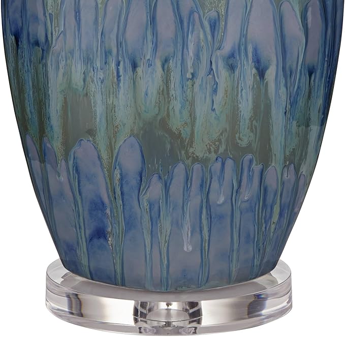 Possini Euro Design Annette Modern Style 3-Way Table Lamp with Table Top Dimmer 38" Tall Blue Drip Ceramic Off White Fabric Oval Shade Decor for Living Room Bedroom House Bedside Home