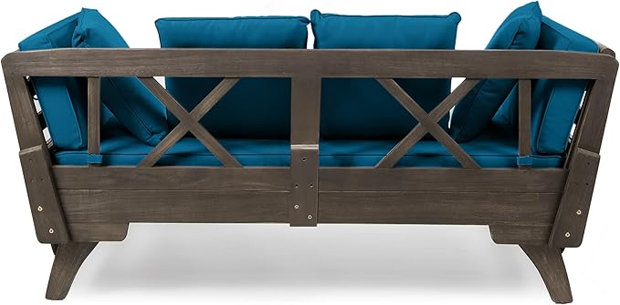 Christopher Knight Home Gary Patio Convertible Couch, Wooden Outdoor Daybed, 3-Seater Acacia Wood Patio Furniture Lounge Sofa for Backyard/Poolside/Garden, Back Pillow+Removable Cushion, Grey+Teal