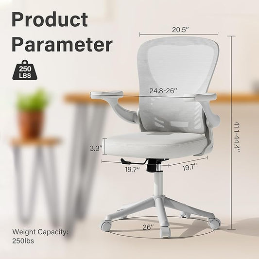 Computer Desk Chair with Wheels, Mesh Office Chair with Flip Up Arms, Adjustable Lumbar Support, Swivel Desk Chair Comfy, White