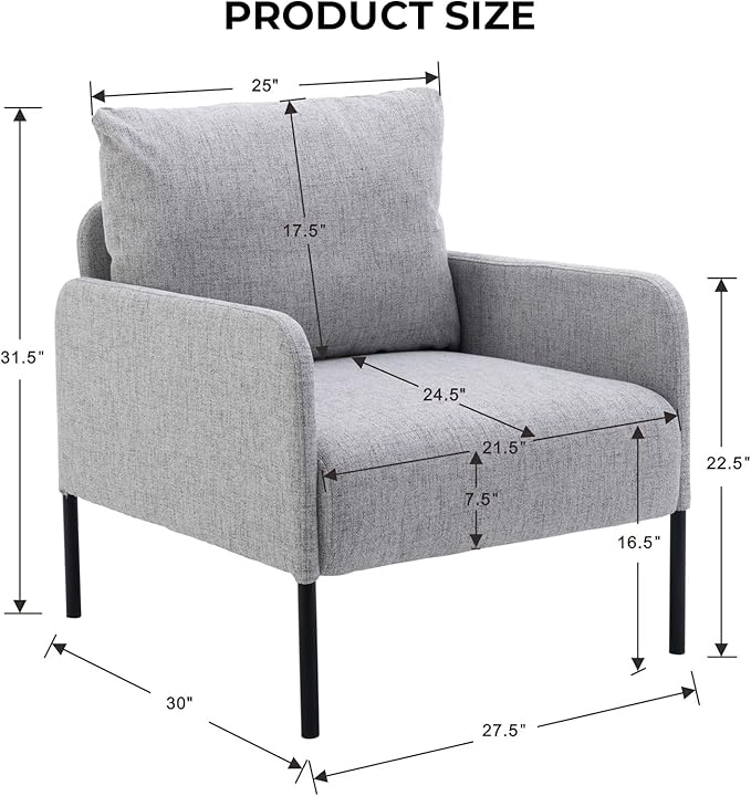 Linen Fabric Living Room Accent Chairs Bedroom Single Sofa Chair, Upholstered Reading Arm Chair Modern Couch w/Comfy Pillow for Waiting Room/Apartment/Dorm, Grey