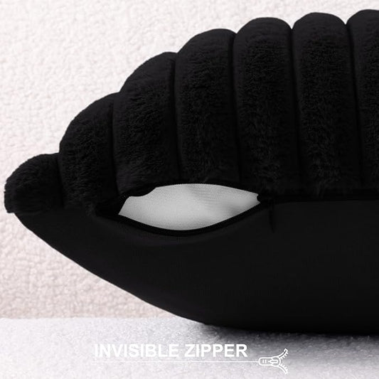 Pallene Faux Fur Plush Throw Pillow Covers 26x26 Set of 2, Luxury Soft Fluffy Striped Decorative Pillow Covers for Sofa, Couch, Living Room, Black