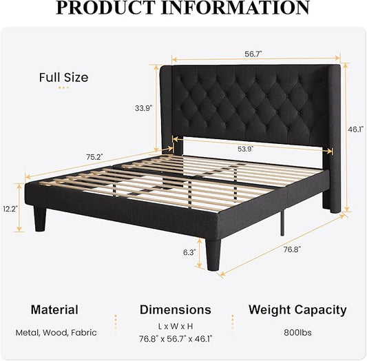 SHA CERLIN Full Size Platform Bed Frame with Upholstered Headboard and Wingback, Button Tufted Design, Easy Assembly, No Box Spring Needed, Black