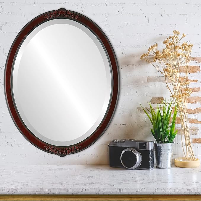 OVALCREST Oval Beveled Wall Mirror for Home Decor - Athena Style - Vintage Cherry - 21" x 17" Outside Dimensions