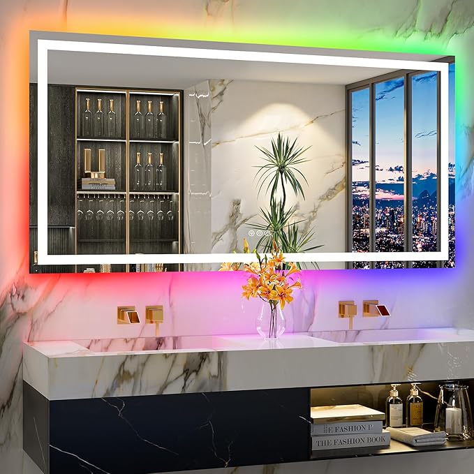 72x36 Inch RGB LED Bathroom Mirror Front Light and RGB Backlit Lighted Vanity Mirror for Bathroom Wall Mounted Dimmable Anti Fog Memory Shatter-Proof IP54 Waterproof Horizontal/Vertical
