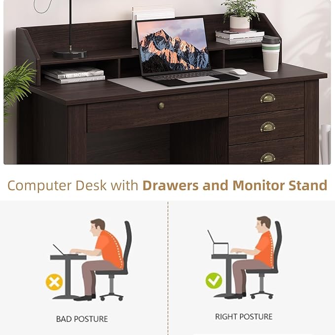 4 EVER WINNER Small Desk with Drawers, Office Desk with File Drawer and Monitor Stand, Writing Desk Study Table for Small Spaces, Espresso