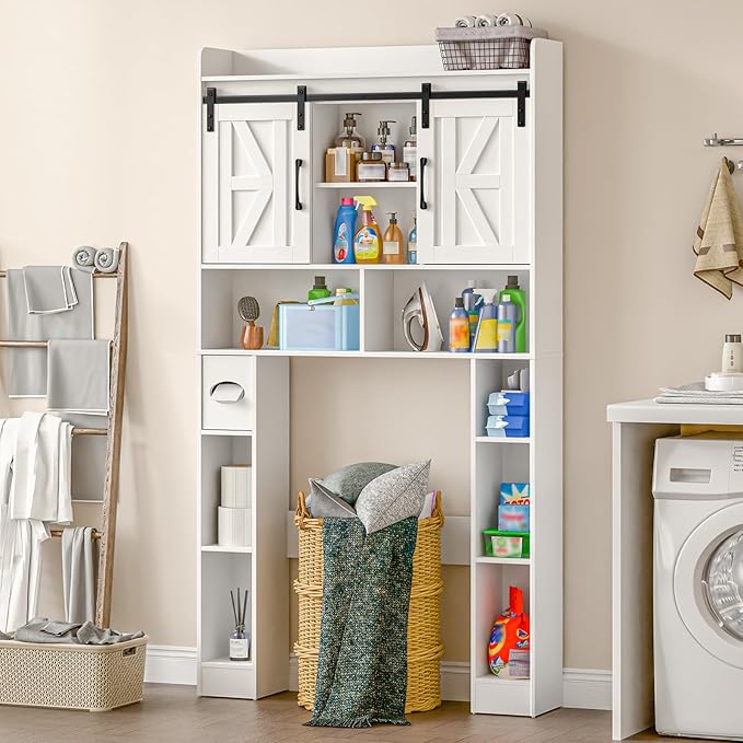 Farmhouse Storage Cabinet Over Toilet with Sliding Doors,Over The Toilet Storage Cabinet, Home Space-Saving Toilet Rack, for Bathroom, Restroom, Laundry.