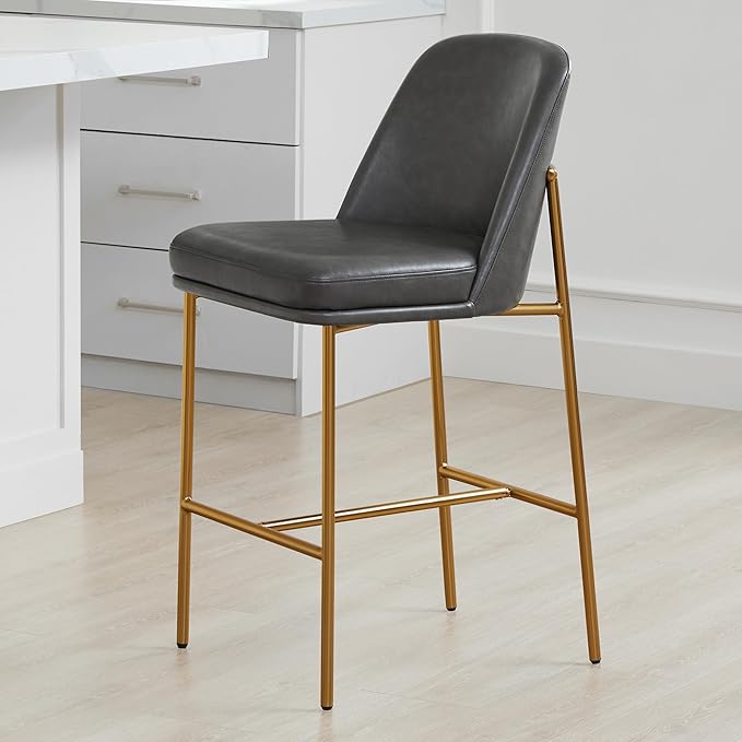 CHITA Counter Height Bar Stools Set of 2, FSC Certified Metal Barstools for Kitchen Island, 27" H Seat Height, Faux Leather, Grey