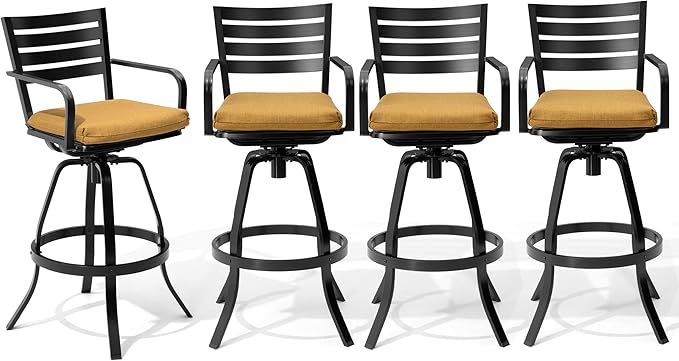 Pellebant Outdoor Bar Stools Set of 4 with Sunbrella Cushion, 29.5" Aluminum Swivel Bar Height Stool Chairs with Back & Footrest, Rust-Proof Patio Bartools for Deck Lawn Garden,Teak