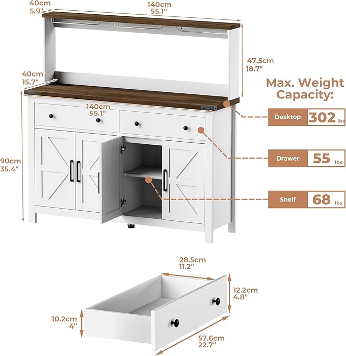 Hutch Storage Cabinet Buffet with Drawers, and Charging Station, Coffee Bar Cabinet with Barn Doors, Wine Rack and Hooks, Countertop, Long Farmhouse, White, for Kitchen, Dining Room, 54.1" High