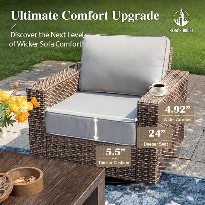 HERA'S HOUSE Luxury Swivel Glider Patio Furniture Set with 4.92" Wide Armrests 5.5" Thick Cushions, 6 Pieces Outdoor Wicker Furniture Conversation Set with Table for Backyard Deck Garden, Grey