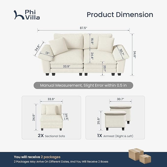 PHI VILLA Cloud Modular Couches Sets, 87.5" Sectional Loveseat Sofa with Upholstered Deep Seat, 2-Seater Comfy Couches for Living Room Bedroom, Chenille Corduroy Dual Fabric, Beige