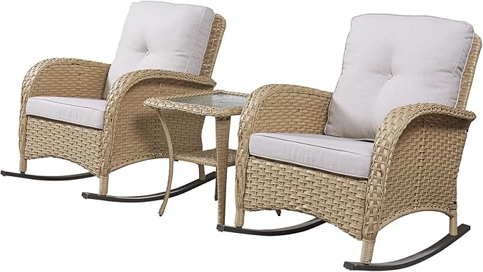 HUMMUH Patio Wicker Rocking Chairs Set of 2 Rattan Outdoor Rocking Chairs for Front Porch Garden Backyard Lawn Balcony Weather Rocker Chair with Side Table
