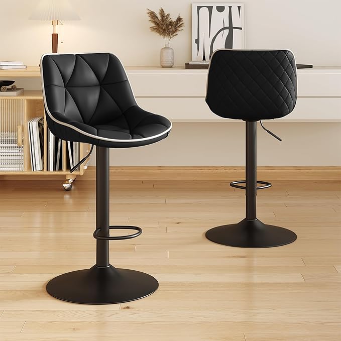 Nalupatio Bar Stools Set of 2, Adjustable Swivel Counter Height Bar Stools with Back, Armless Modern Barstools for Kitchen Island & Home Bar, Upholstered Seat,(Black)