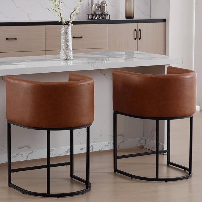 PU Leather Bar Stools Set of 4, Modern Upholstered Counter Height Bar stools 24" Leather Barstools Barrel Kitchen Counter Island Stools with Black Metal Base, Brown