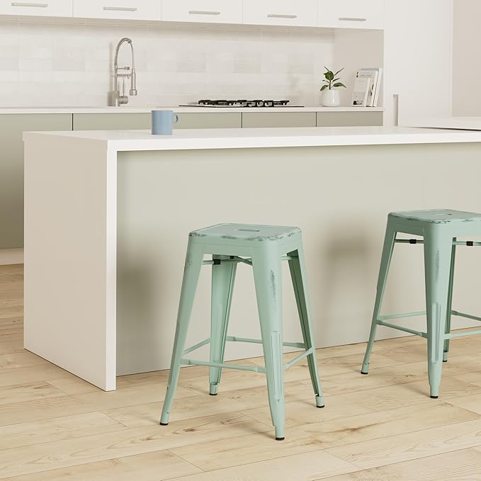 Vogue Furniture Direct 24 Inch Metal Bar Stools, Backless Counter Height Barstools, Indoor Outdoor Stackable Stools with Square Seat, Set of 2 (Distressed Mint Green)