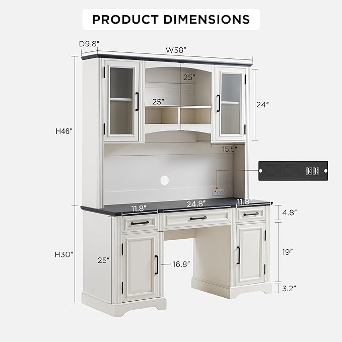 JXQTLINGMU Farmhouse 76" Height Computer Desk with Hutch, Office Desk with Charging Station, Drawers and Storage Cabinet, Workstation for Office Home, Off White