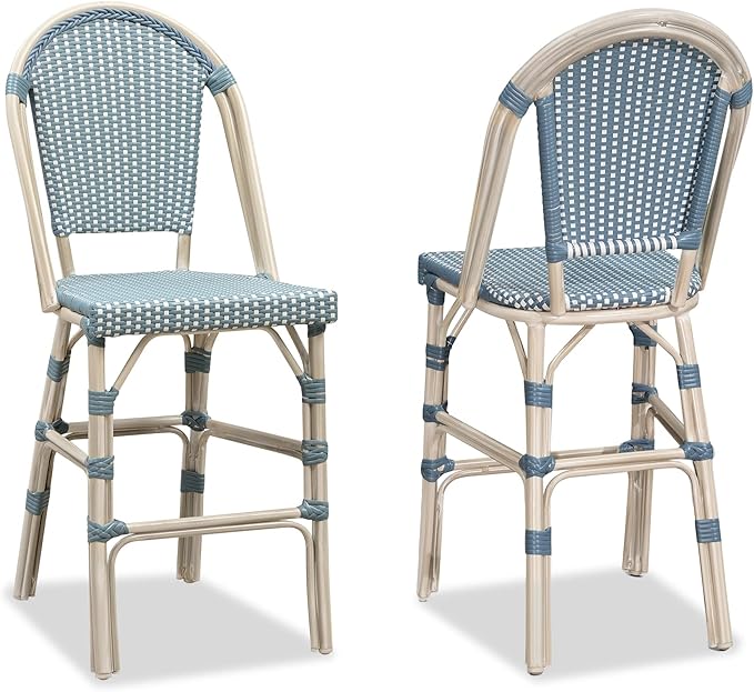 PURPLE LEAF French Counter Height Bar Stool Set of 2 25" White Print Finish Patio Bar Chairs with Back Rattan Bar Chairs French Bistro Set for Kitchen Outdoor Counter Stool Light Blue