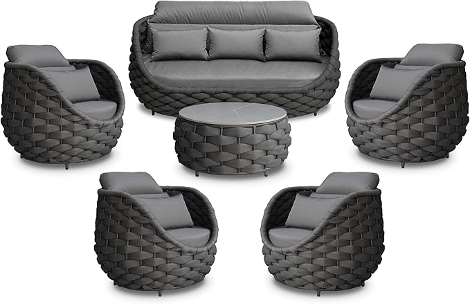 6 Pieces Rope Patio Furniture Set: Aluminum Outdoor Couch Set Cushioned - Assembled Porch Conversation Sofa Set Modern - Metal Patio Seating for 7 Person Deck Garden Poolside Hotel, Dark Gray