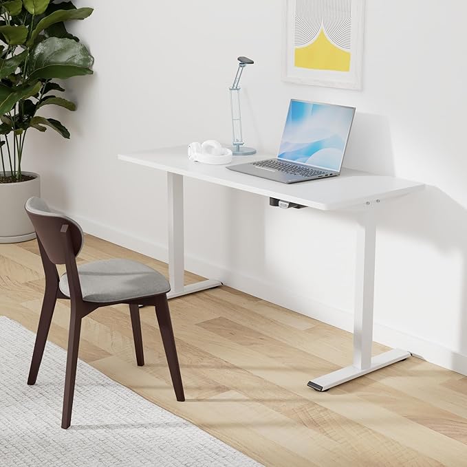 SANODESK Electric Standing Desk 55 x 28 Inches Whole-Piece Desktop Height Adjustable Stand Up Desk w/6-Button Controller Ergonomic Computer Desk for Home Office, White Frame + White Tabletop