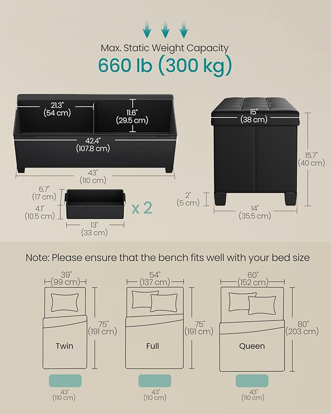 SONGMICS Storage Ottoman, Storage Bench with Legs, 15 x 43 x 15.7 Inches, Ottoman Bench, 30 Gal. (112 L), Synthetic Leather, for Living Room, Entryway, Ink Black ULSF0514B02