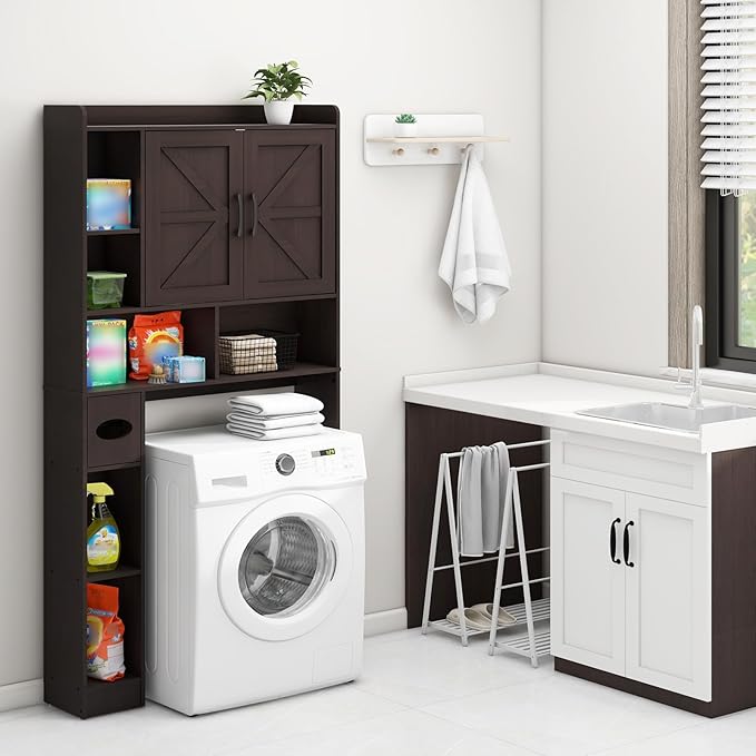 Vabches Over The Toilet Storage Cabinet, Farmhouse Storage Cabinet Over Toilet with 2 Barn Door & Toilet Paper Holder Stand,Home Space-Saving Toilet Rack, for Bathroom, Restroom, Laundry