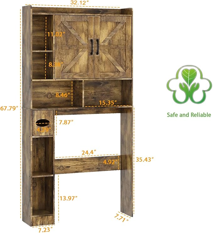 Vabches Over The Toilet Storage Cabinet, Farmhouse Storage Cabinet Over Toilet with 2 Barn Doors & Toilet Paper Holder Stand,Home Space-Saving Toilet Rack, for Bathroom, Restroom, Laundry.