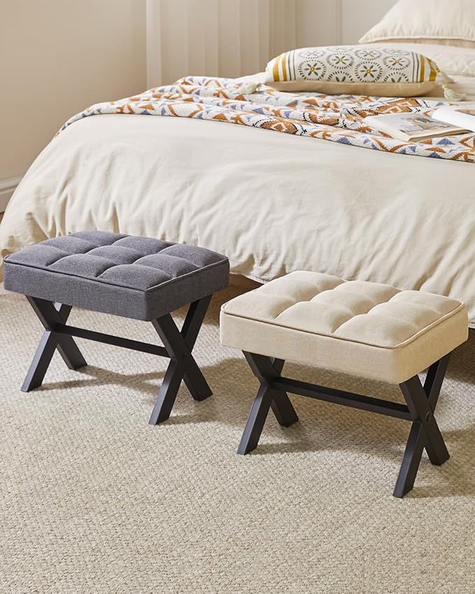 IBUYKE Small 12" H Footrest Stool, Square Linen Foot Stool with Metal X-Leg, Multi-Use as Small Side Table, Step Stool for Living Room, Bedroom, Entryway, Office, Linen WBD011Y