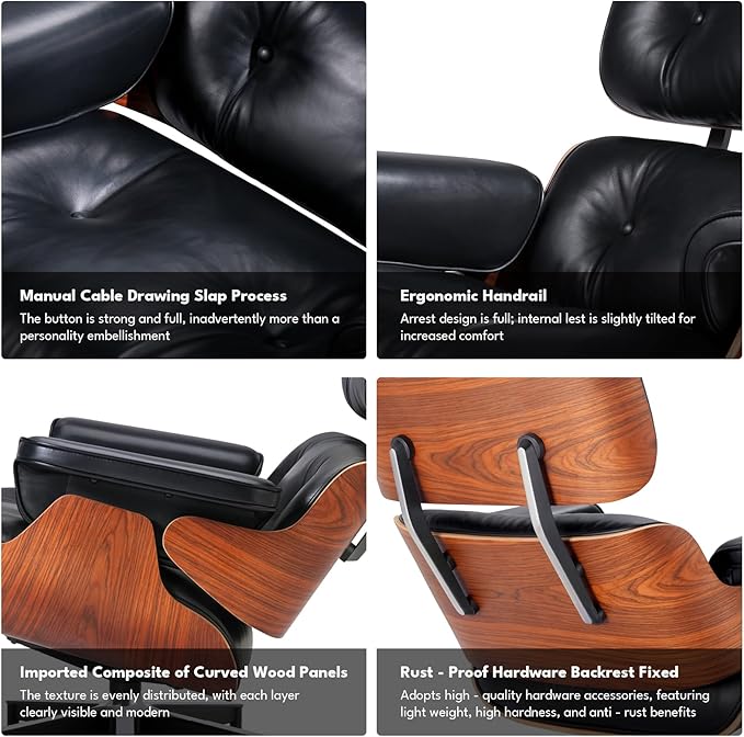 Top Black Grain Leather, Mid Century Chaise Lounge Chair and Ottoman, Leather Accent Chair, Modern Reading Chair, Classic Design, Heavy Duty Base Support for Living Room Lounge Office, Palisander