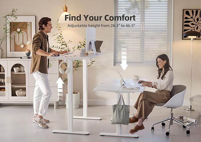 YDN Electric Standing Desk Adjustable Height, 55 x 24 Inches Stand up Desk with Cable Management, Home Office Desks with Splice Board & White Frame, White Top