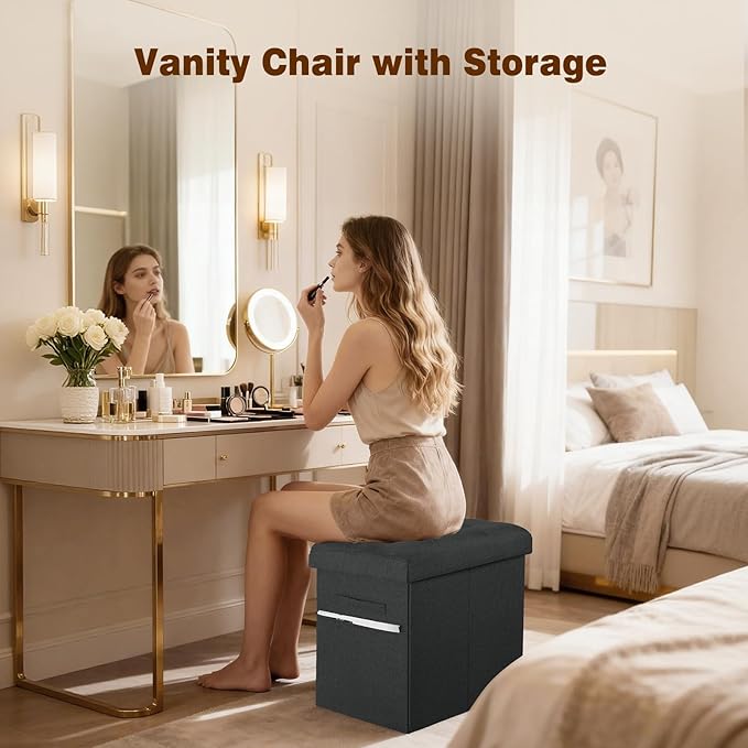 Storage Ottoman Foot Rest with Thicker Foam Padded Seat. 61L Slim Tall Small Bench with Storage. Linen Folding Footstool Bench for Living Room, Bedroom. 350lbs Load Capacity, 17x13x17in, Gray Black