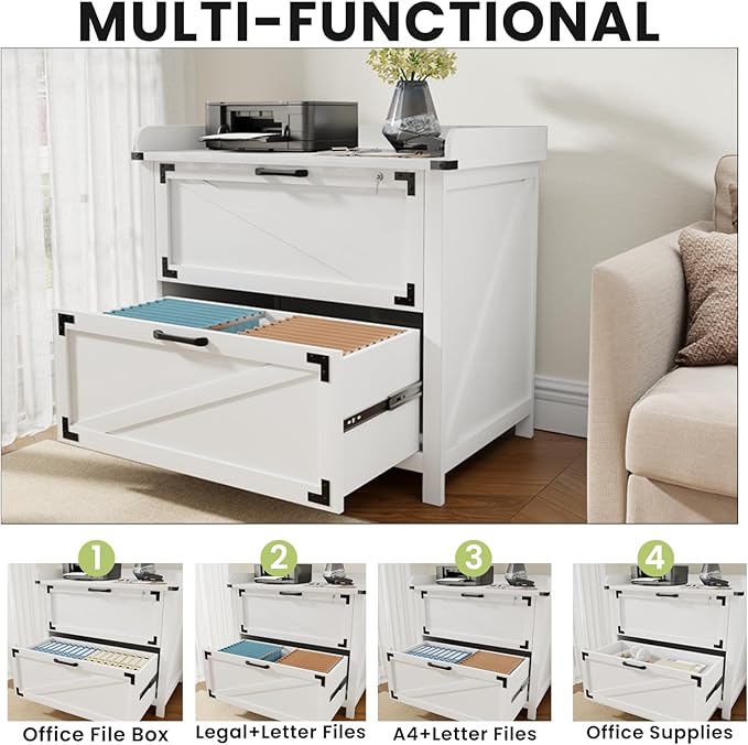 2 Drawer File Cabinet with Lock, Modern Farmhouse Filing Cabinet for Legal/Letter/A4 Size Hanging Files, Large Wood File Cabinets for Home Office