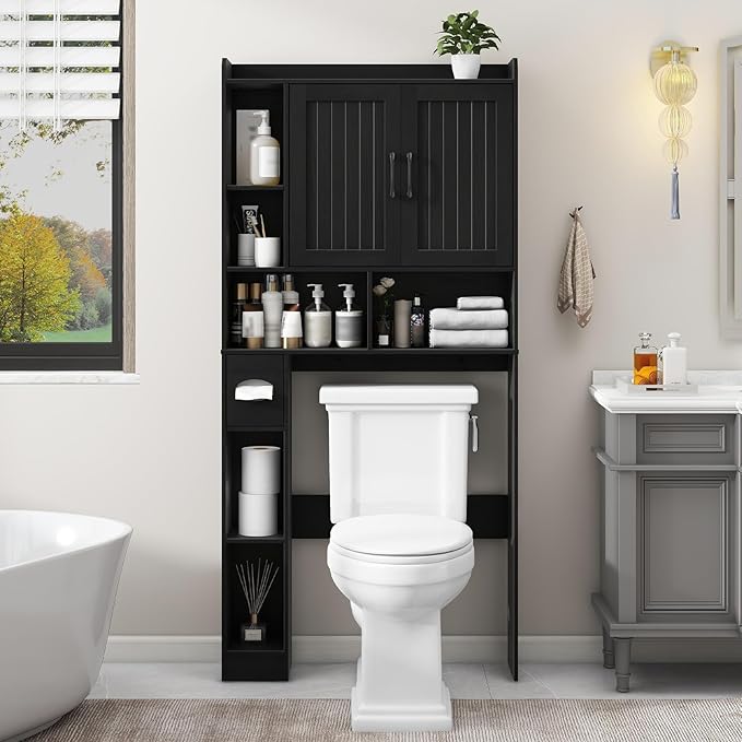 Vabches Over The Toilet Storage Cabinet, Farmhouse Storage Cabinet Over Toilet with Barn Door, Home Space-Saving Toilet Rack, for Bathroom, Restroom, Laundry(Black).