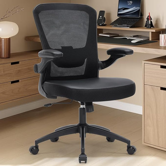 Office Chair, 350lbs Heavy Duty Ergonomic Desk Chair with Flip-Up Arms, Home Office Desk Chairs with Adjustable Seat Height & Lumbar Support, Executive Computer Desk Chair for Heavy People