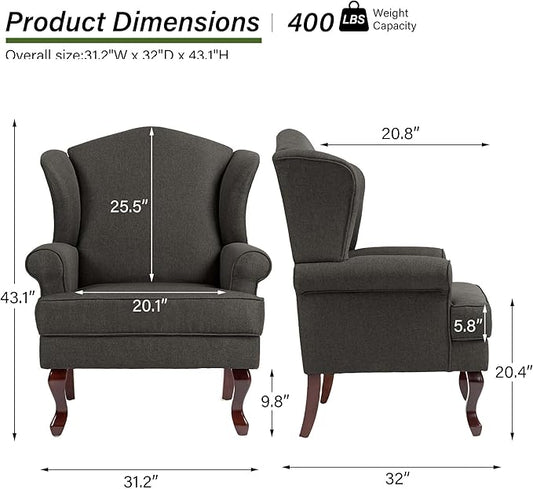 Accent Chair, High Back Upholstered Armchair with High Resilience Sponge & Wood Legs, Mid-Century Modern Comfy Single Sofa Reading Chairs for Living Room, Bedroom (Dark Grey, Set of 1)