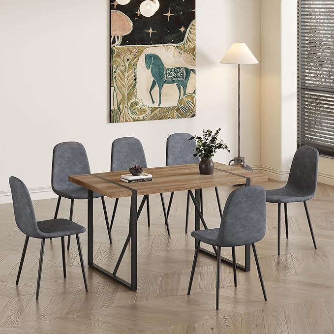 6 Chair Dining Table Set,Dinner Table Set for 6, 55'' Kitchen Table and Suede Nap Fabic Chairs Set of 6, 7 Piece Dining Table Set for Kitchen Dining Room