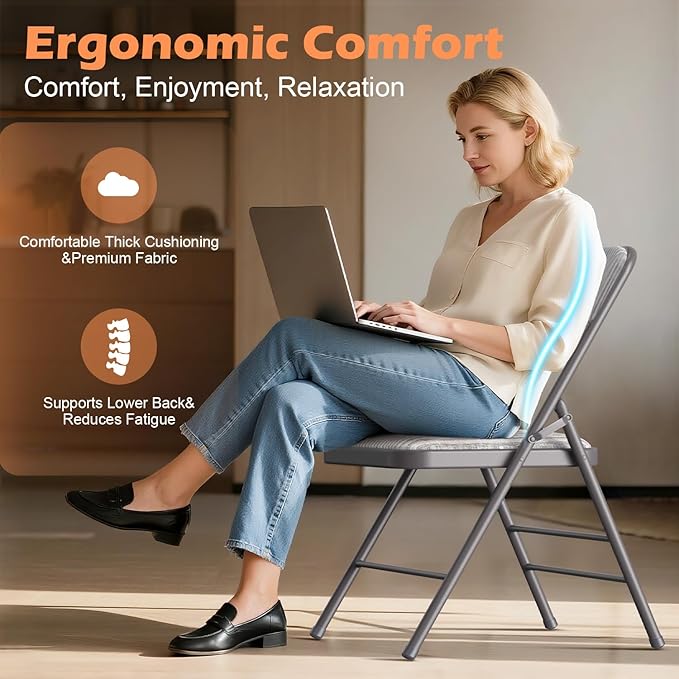 Commercial Grade Folding Chair with Padded Fabric Cushion(16"X16" |Double-hinged Legs Luxury Style|4.5kg Capacity Max Weight 150Kg for Home and Office,Indoor and Outdoor Events (4, Fabric-Beige)