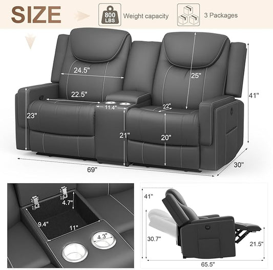 Loveseat Recliner Sofa, Gray PU Leather Double Recliner Loveseat with Console, Cup Holders, Storage & USB Ports, Ergonomics, Manual Reclining Sofa Couch for Living Room, RV