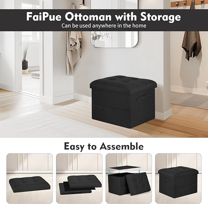 Storage Ottoman Foot Rest with Thicker Foam Padded Seat. Small Bench with Storage. 350 lbs Linen Folding Footstool Bench for Living Room, Bedroom, Home Office. 17x13x13in, Gray Black