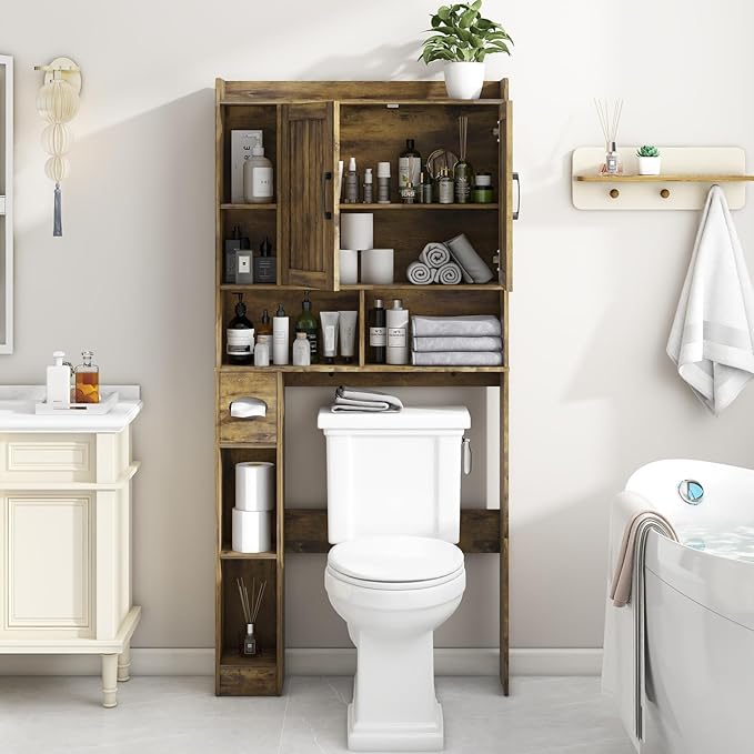 Vabches Over The Toilet Storage Cabinet, Farmhouse Storage Cabinet Over Toilet with Barn Door,Home Space-Saving Toilet Rack for Bathroom, Restroom and Laundry