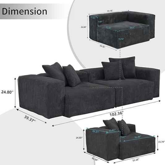 WJShome Cloud Couch Modular Sectional Sofa,102inch Corduroy Couch 2 Seater LoveSofa,Black Convertible Sectional Sofa for Living Room, Cushion Covers Removable& Washable