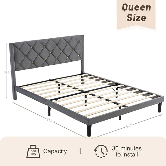 Queen Size Platform Bed Frame with Velvet Upholstered Headboard and Sturdy Wooden Slats Support,Mattress Foundation,Easy Assembly, No Box Spring Needed,Slip Resistant (Grey, Queen)