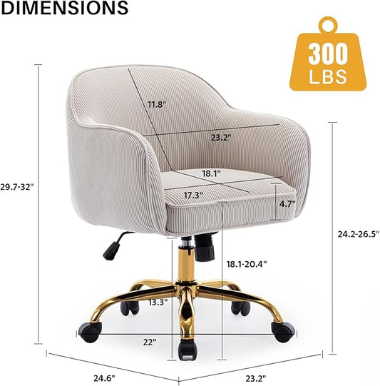 Home Office Desk Chair with Arms Gold Wheels Modern Velvet Upholstered Rolling Computer Chair Mid-Back Ergonomic Adjustable Swivel Vanity Chair for Bedroom Study Office, Beige,Corduroy