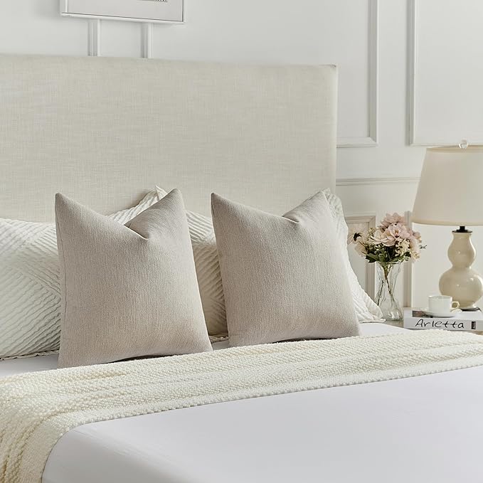 FUTEI Oatmeal Chenille Decorative Throw Pillow Covers 18x18 Inch Set of 2,Soft Cozy Faux Linen Textured Cushion Case,Farmhouse Home Decor for Couch Living Room