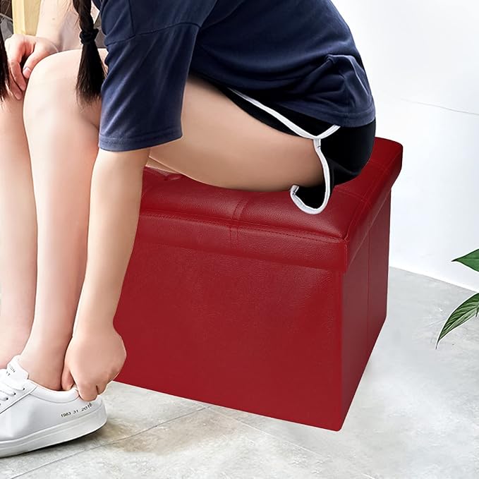 Storage Ottoman, Folding Foot Stool with Thicker Foam Padded Seat Small Leather Storage Ottoman Bench Foot Rest for Living Room Foldable Coffee Table 17x13x13in,Red