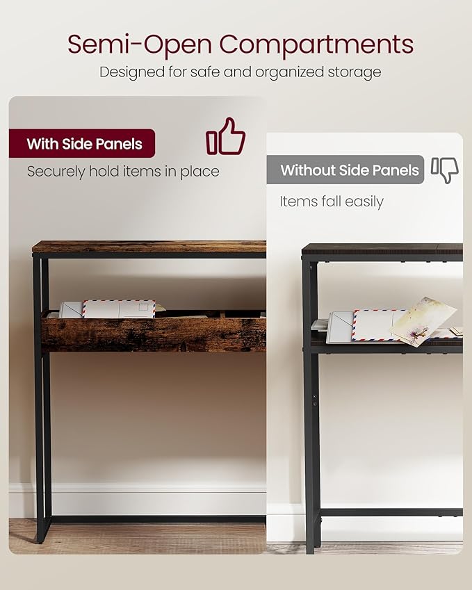 VASAGLE 2-Tier Entryway Table, Narrow Console Table, Semi-Open Compartments, 9.4 x 39.4 x 31.5 Inches, for Hallway, Living Room, Rustic Brown and Ink Black ULNT091K01